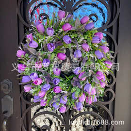 春季紫色郁金香花环丁香郁金香风信子绣球花多彩春夏花环家居装饰