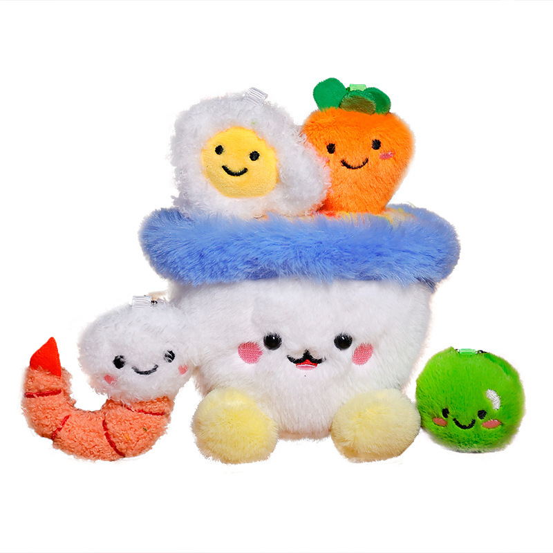 Nuevo arroz frito con huevo gourmet de simulación, tazón de arroz, juguetes de peluche, adornos, colgantes, gambas creativas, guisantes, refrigerador, regalo