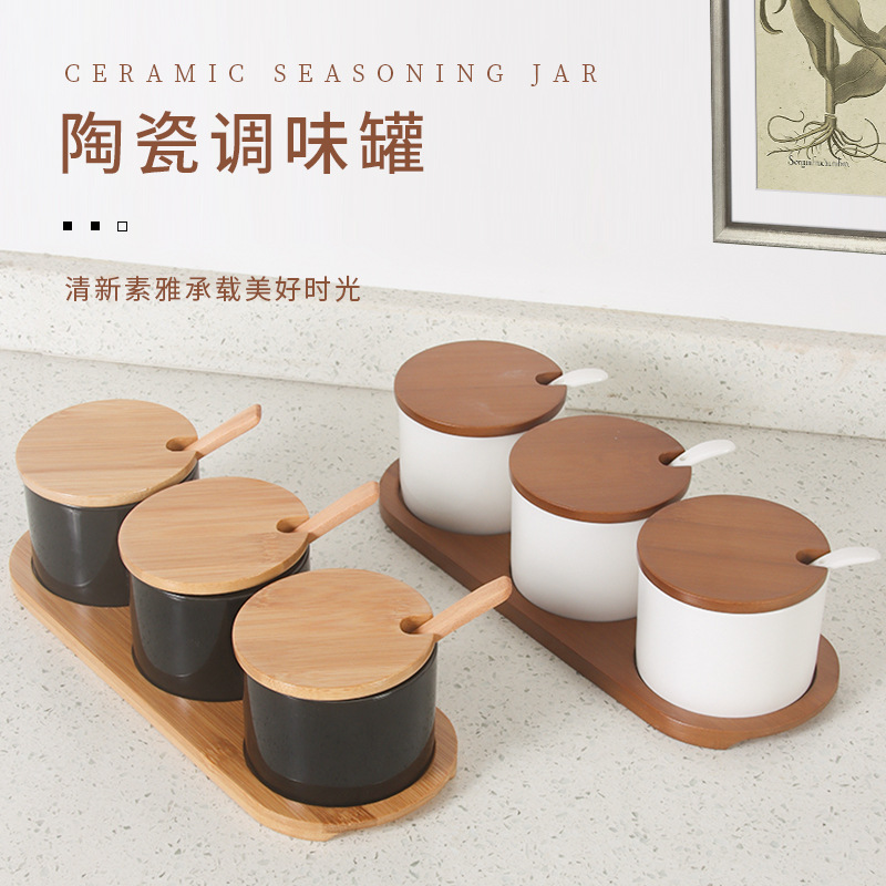Japanese-style ceramic bamboo wood lid seasoning jar seasoning Box Kitchen seasoning storage jar restaurant household salt and sugar jar suit