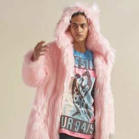 亚马逊人造毛毛男外套纯色连帽卡通兔耳朵大衣大码仿皮草风衣批发