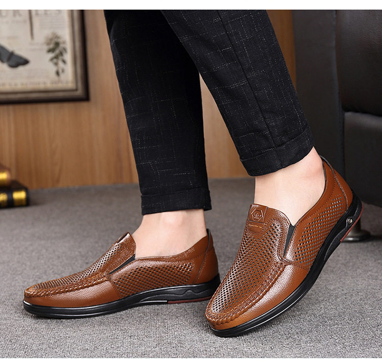 Giày lười nam da bò thoáng khí đục lỗ mũi nhọn đế mềm chống trượt gót 1–3 cm — Màu nâu, Màu đen chi tiết 22