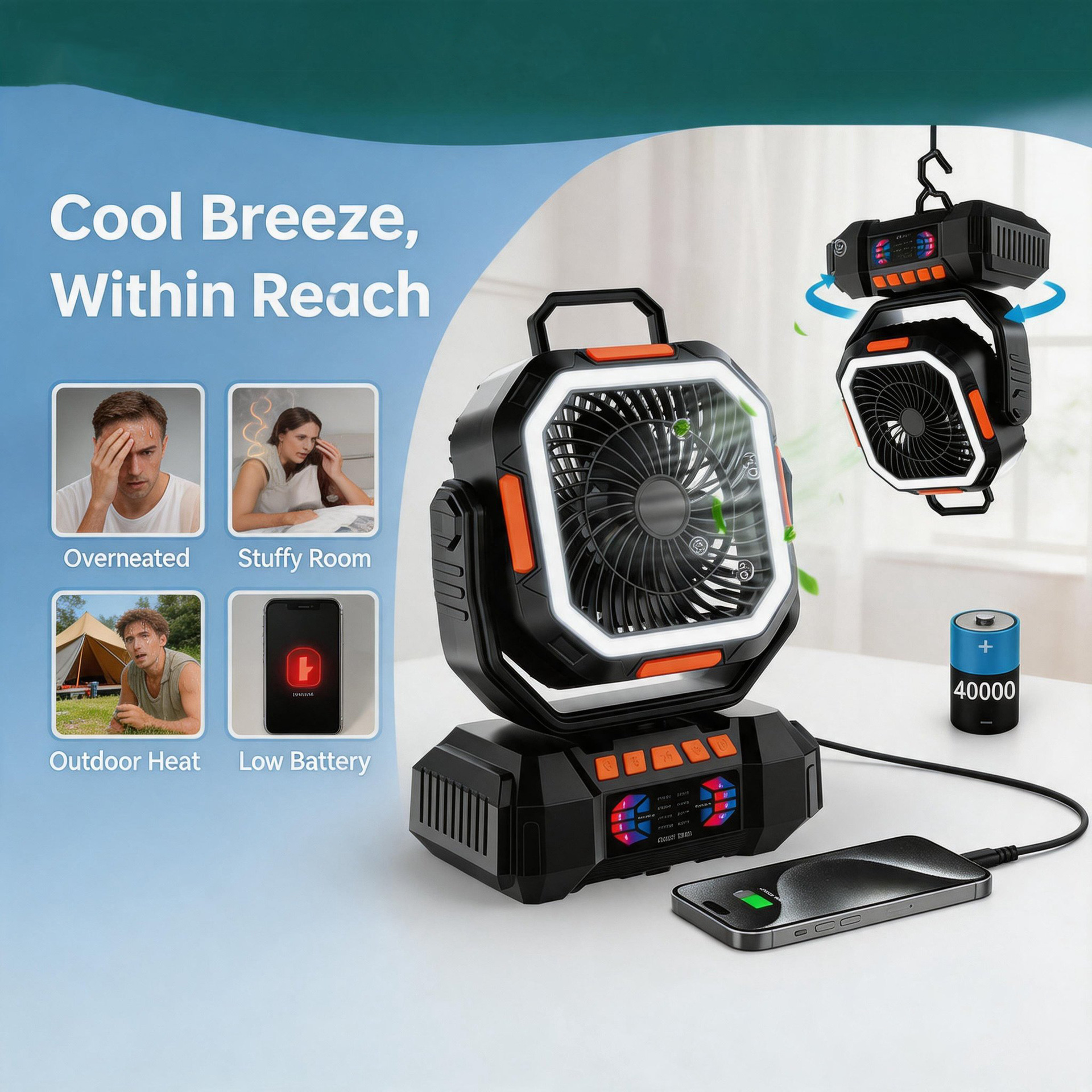 Ventilador Portátil para Camping con Luz de Plástico PC Luz Nocturna, Función Power Bank, Recargable para Camping