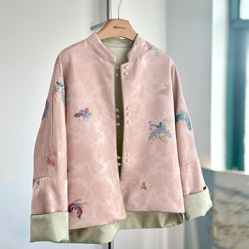Autumn and Winter New Chinese-Style High-End Pink Coat, National Style Reversible Embroidered Top for Women, Loose and Versatile Tang Suit Jacket