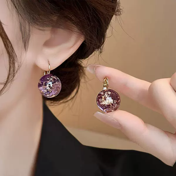 Purple Gold Foil Round Ball Earrings, High-End, Light Luxury, Niche Earrings for Women, Fresh and Sweet Temperament, Ear Buckle Jewelry Wholesale