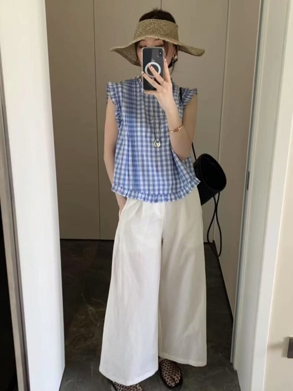 2025夏季新款韩版时尚百搭无袖格子衬衫女宽松减龄飞飞袖显瘦上衣|undefined