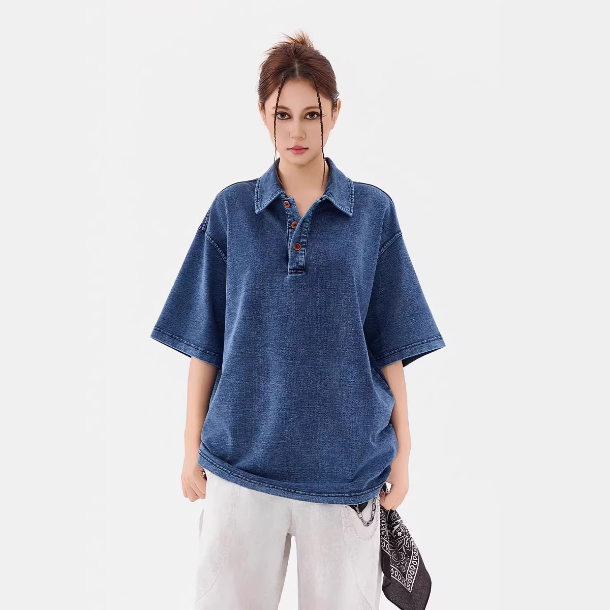 American-Style Trendy Men's Clothing, Heavy-Duty Washed Retro Loose-Fit Drop-Shoulder Short-Sleeve T-Shirt, Knitted Denim Turn-Down Collar Polo229