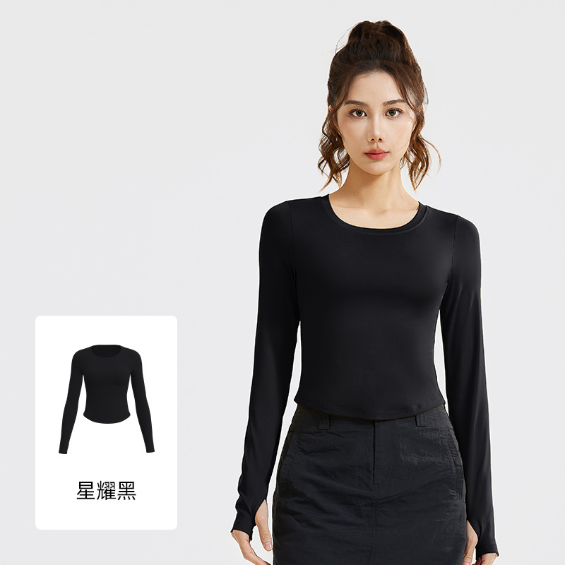 Juyi Tang nuevo deporte de mangas largas desnudas camiseta deportiva de correr delgada apertada sin sujetador ropa de yoga para mujeres