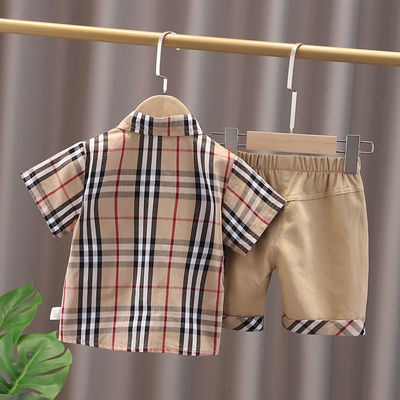 baby shirt Boy Summer wear suit 2022 summer new pattern children Western style stripe Short sleeved lattice Two piece set