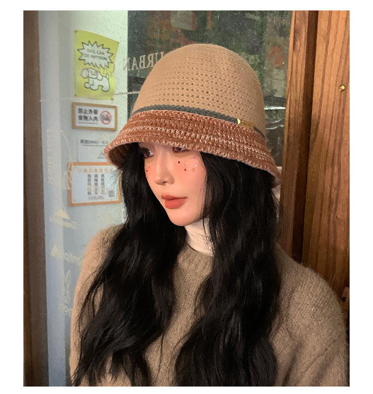 Cappello da scodella coreano lavorato a maglia coreano da donna per l'autunno e l'inverno Calore all'aperto Piccola folla Clip a colori Sfilata di moda Volto piccolo_voghion.com