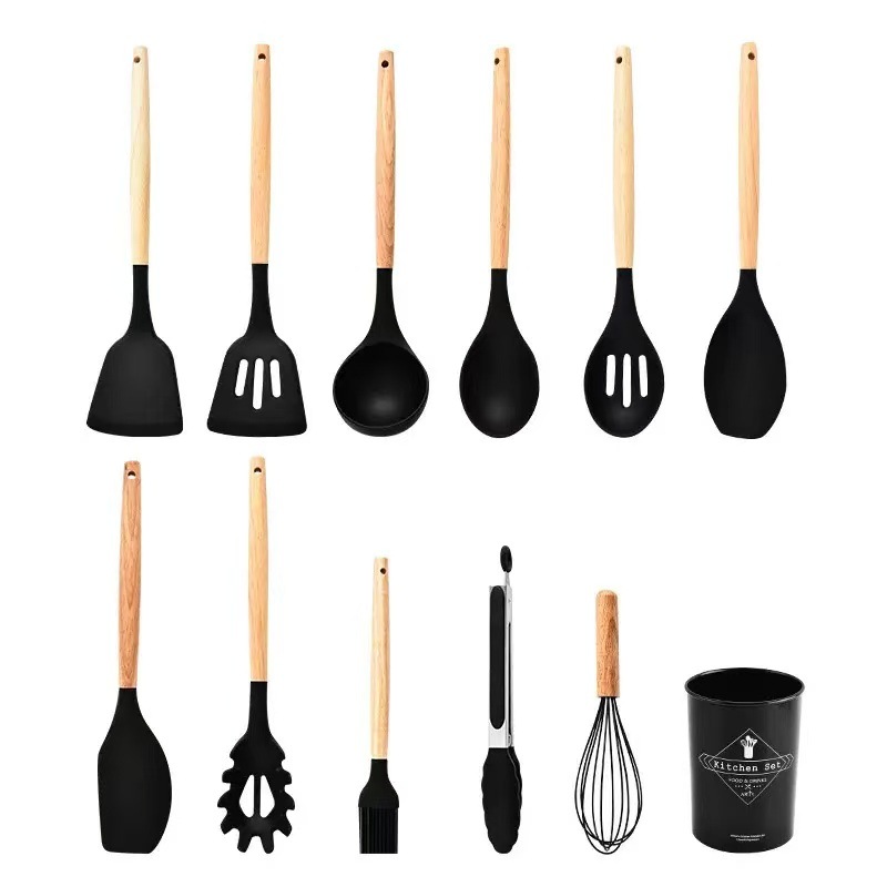 Espátula de Silicona para Cocina de Silicona de Grado Alimenticio y Madera Resistente a Altas Temperaturas y Antideslizante
