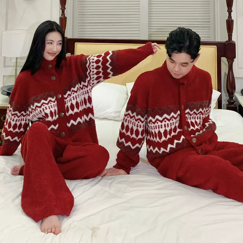2025新款半边绒情侣睡衣男女圣诞款费尔岛红色提花加厚保暖家居服