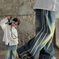 2024春季新款兒童牛仔褲復古做舊三條槓直筒男女童休閒寬鬆長褲潮