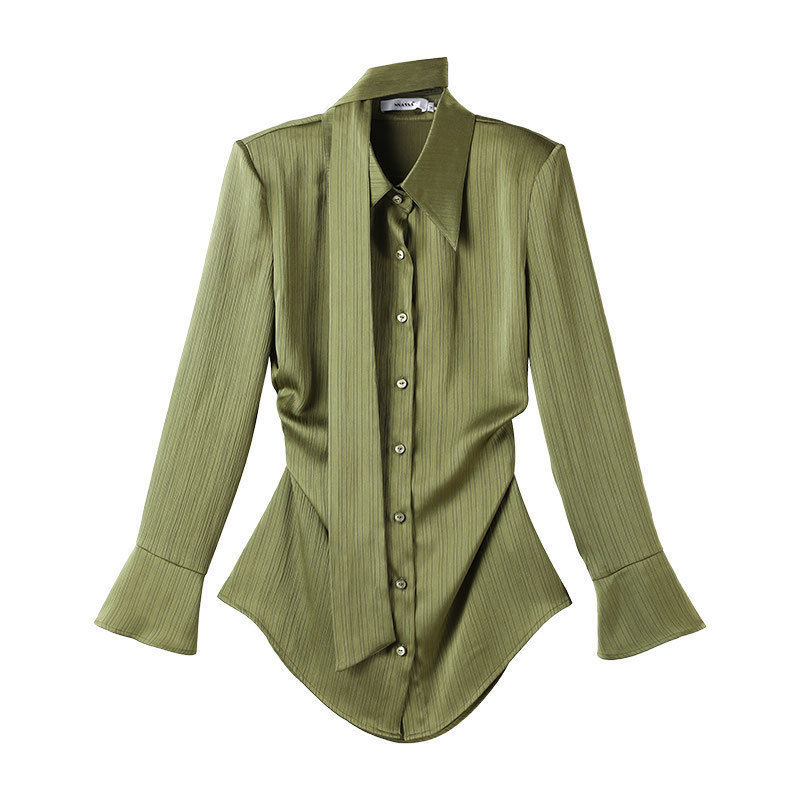 French collar commuter style long sleeve shirt black long sleeve waist single breasted top fashion casual western style 2025 French collar commuter style long sleeve shirt black long sleeve waist single breasted top fashion casual western style 2025