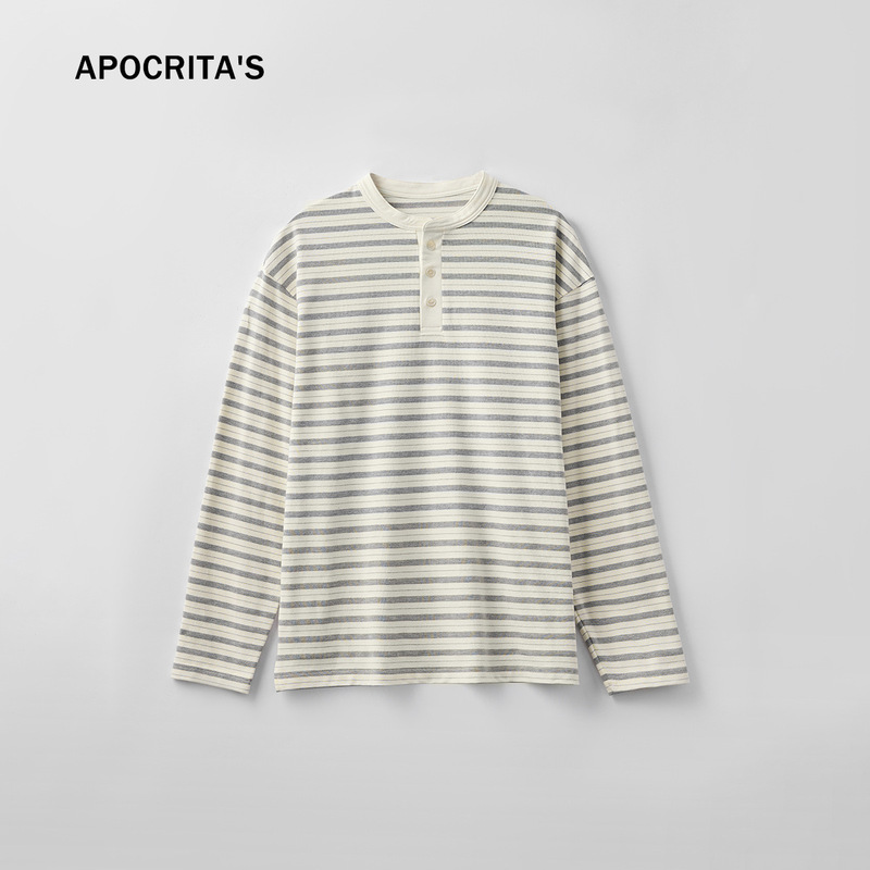 APO | クロスボーダーストライプ長袖メンズTシャツトレンディブランドルーズラウンドネックヘンリーネックインナートップボトリングシャツ男性用|undefined
