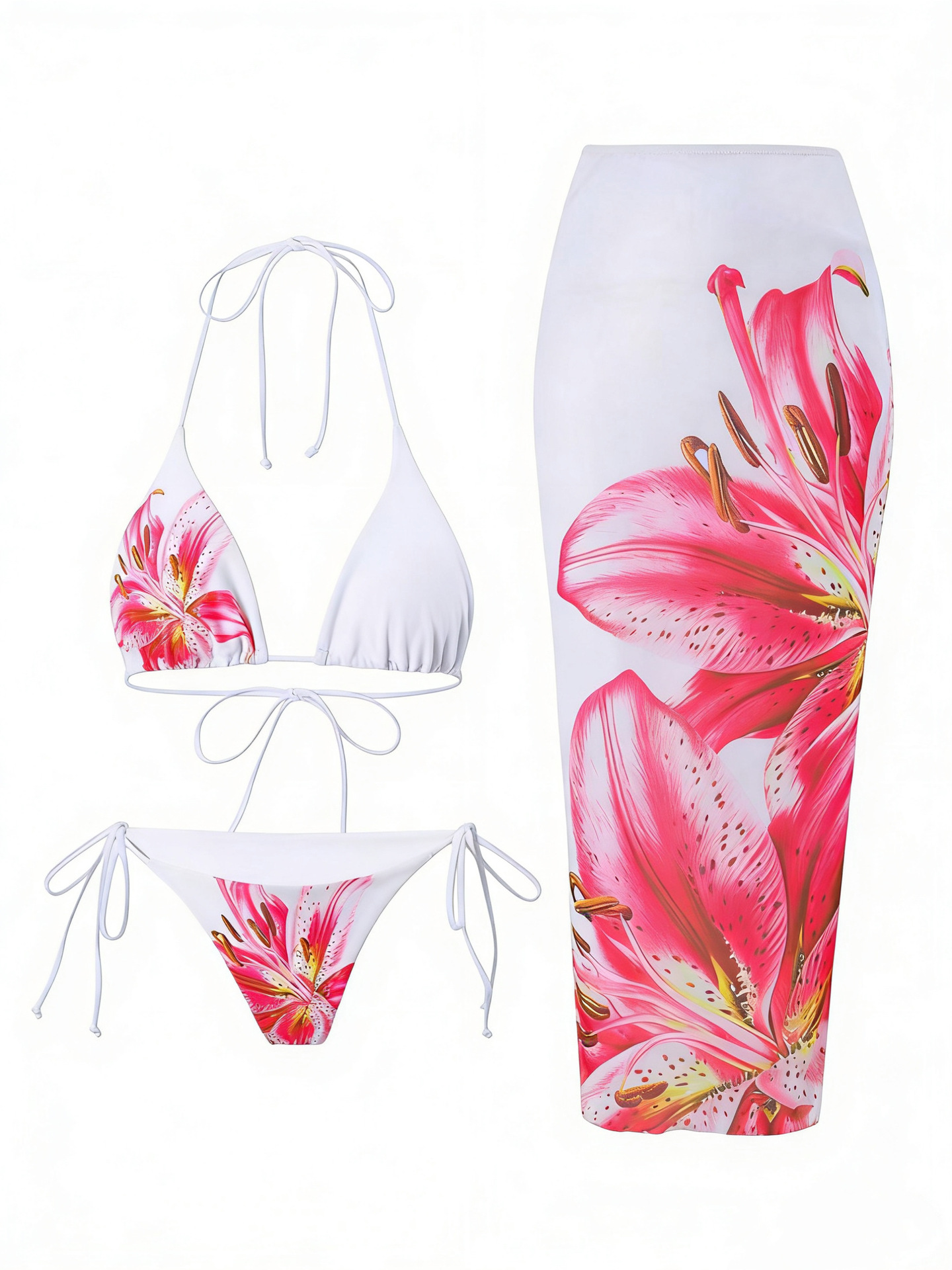 Women's Lily Print Three Piece Bikini Set With Wrap Skirt_voghion.com