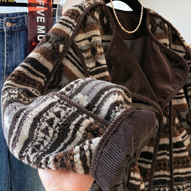 Retro-Feeling Fair Isle Casual Fleece Short Jacket for Women, Autumn and Winter Lazy Style Loose Jacket Top Trendy
