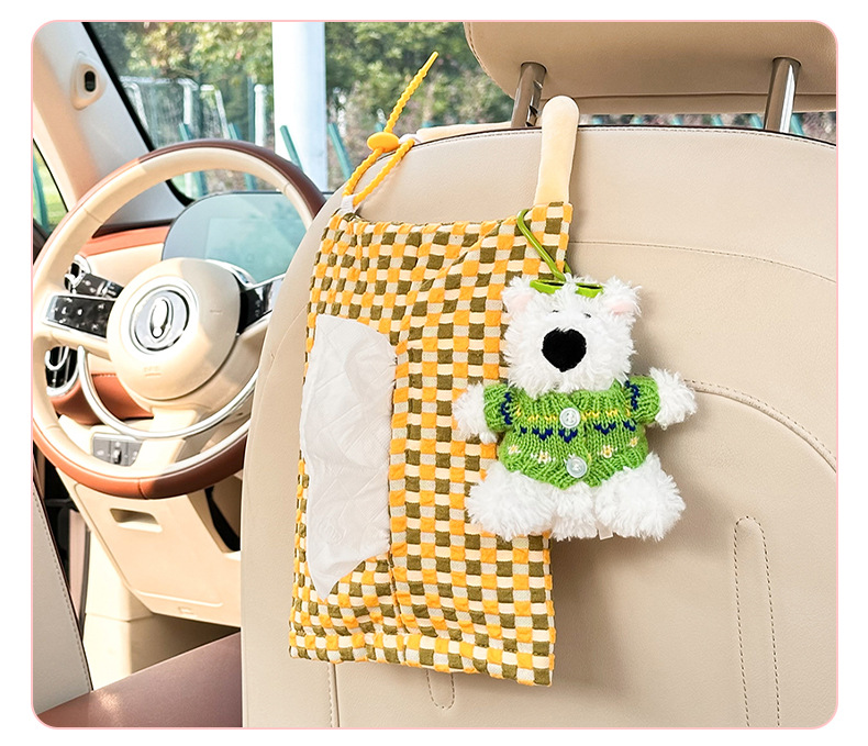 Blue Rain Car Tissue Box Cute Checkerboard Car Seat Back-Mounted Tissue Bag Creative Car Decoration Supplies