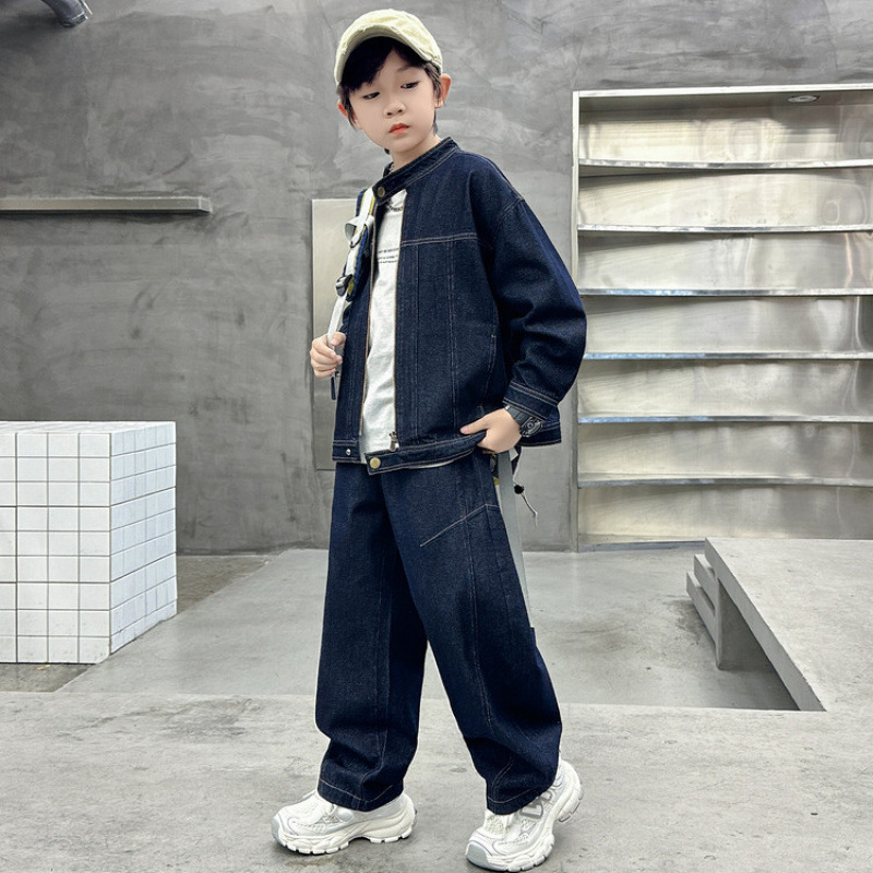 男童春秋套装2025新款儿童净版纯色牛仔外套中大童秋季男孩两件套|undefined