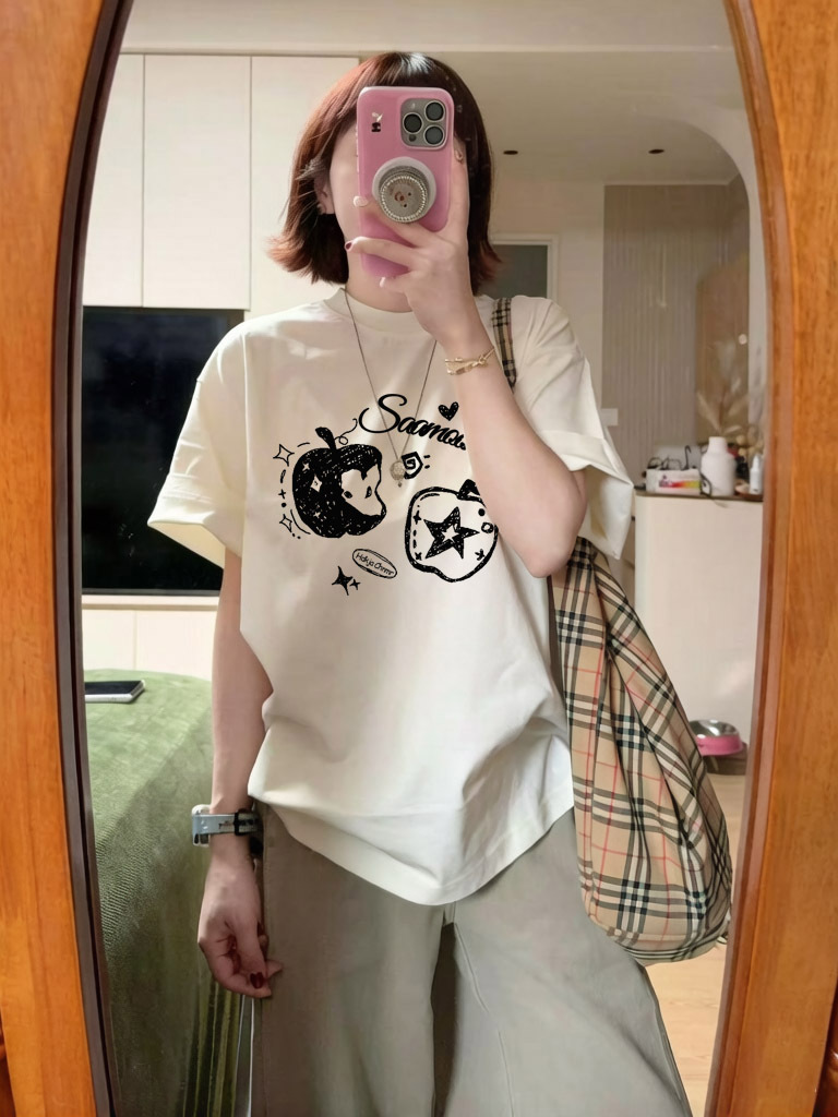 Pure Cotton Right-Shoulder Short-Sleeved T-Shirt for Women 2026 New Large Size Spring and Summer American Design Printed Loose Half-Sleeved Top