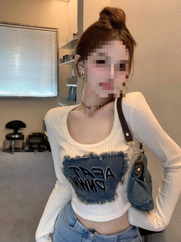 American Hot Girl Denim Patch Slim Design Shirt Bottoming Shirt Women's Autumn and Winter New Slim Short Long-Sleeved Top