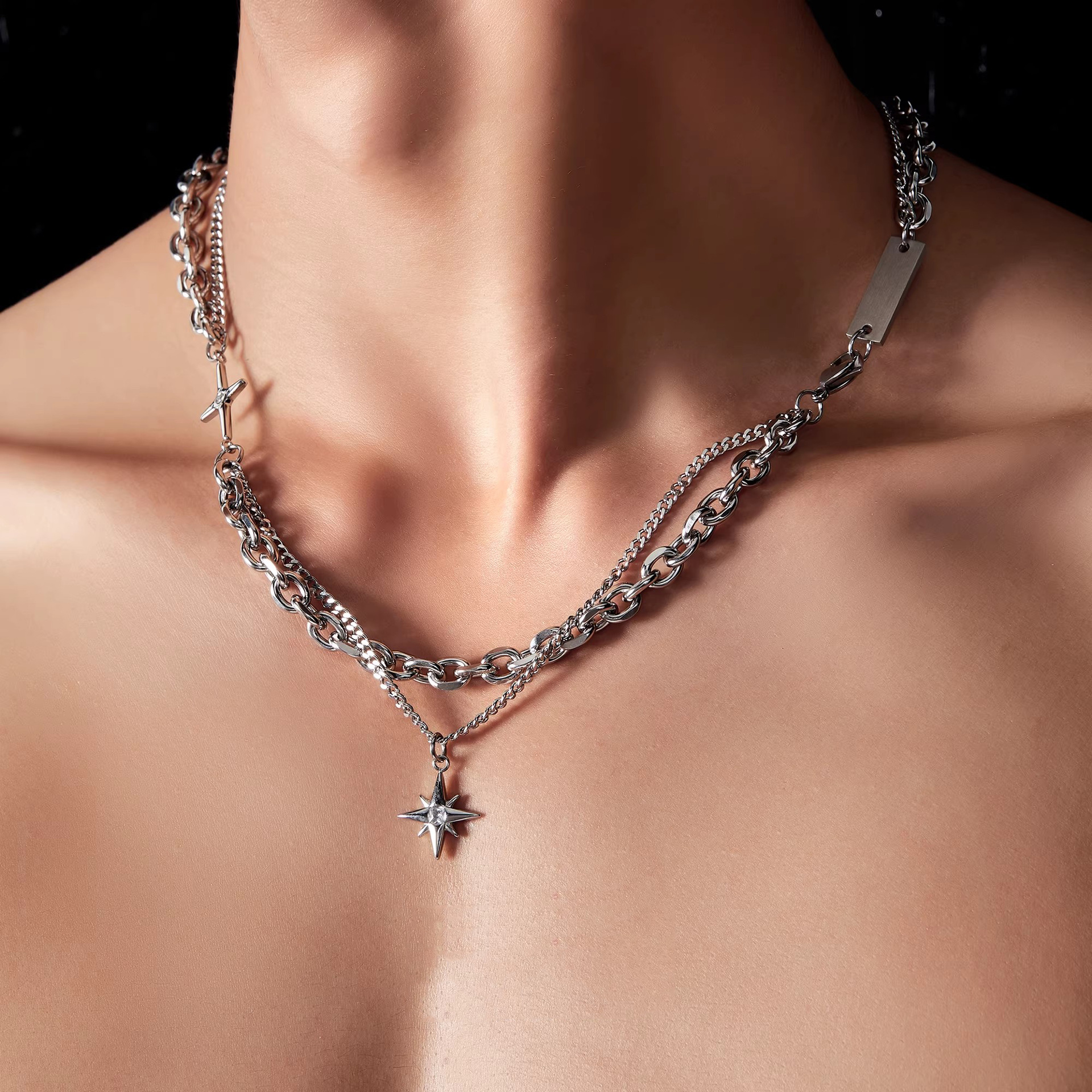 Double Layer Chain Necklace With Cross And Star Pendants For Men_voghion.com