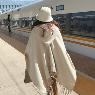Leisure play photography personalized double-sided plaid printed scarf shawl outdoor fashion all-match tassel hooded cloak