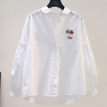 立体花朵单口袋白色棉衬衣女木耳边灯笼袖衬衫2024春季百搭上衣潮