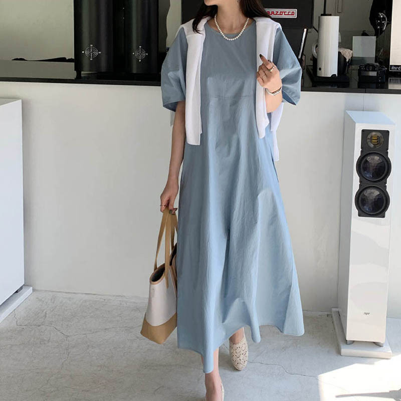 Japan's Rakuten New Summer Women's Loose Casual Normcore Pure Color Dress Women's Long Skirt in Stock