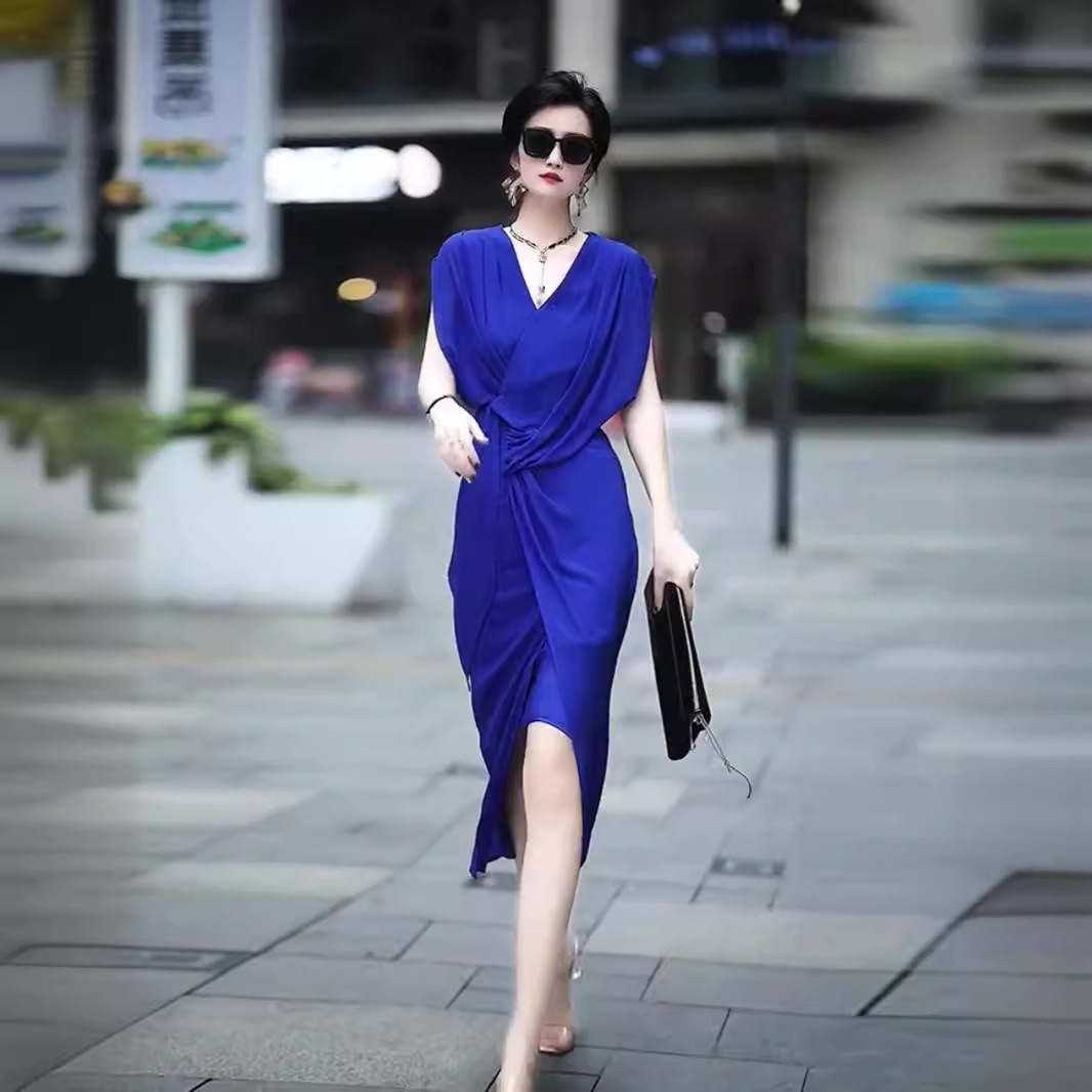 Váy liền không tay thắt nút màu tím phong cách Pháp thiết kế đặc biệt — Màu xanh lam, Màu tím
