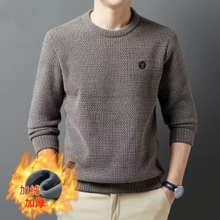 Ferret velvet sweater men's 2023 Winter fleece-lined thickened round neck loose men's solid color all-match warm sweater