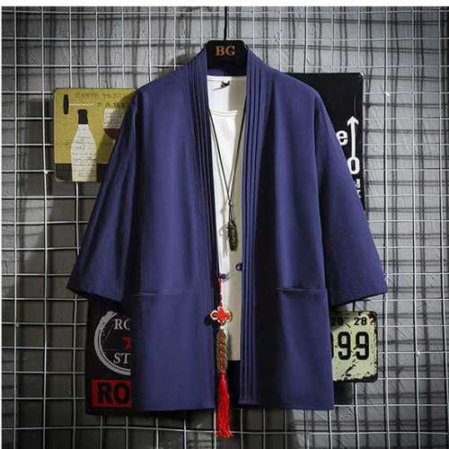Hanfu men's Chinese style linen kung fu  Tang suit kimono cardigan jacket three-quarter sleeve Japanese loose ancient costume Taoist robe