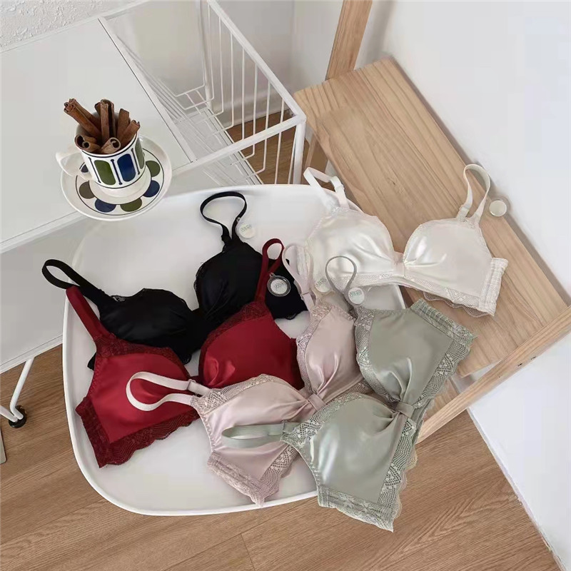 New product without steel ring sexy lace girl underwear gathering adjustment silk bow bra set_voghion.com