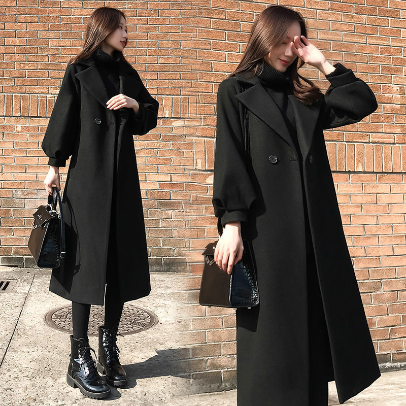 Cashmere Woolen Outwear Hepburn Style Cocoon-Shaped Slim Long Knee-Length Black Woolen Outwear for Fat Women Plus Size