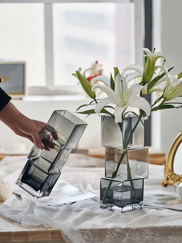 Light luxury glass transparent hydroponic flower arrangement living room table decoration ornaments creative special-shaped misaligned square vase