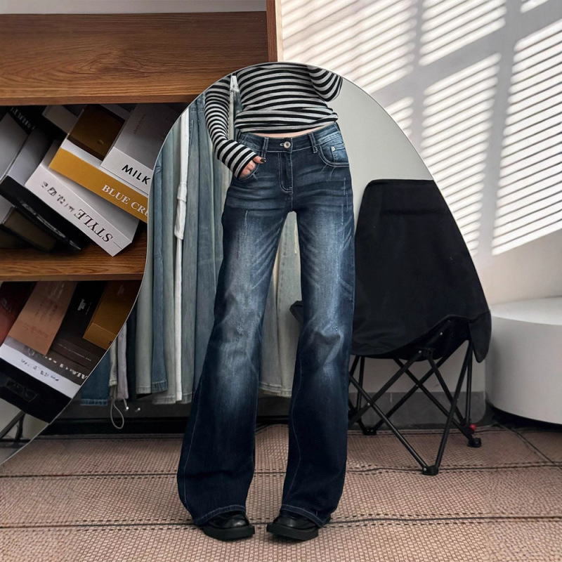 American-Style Lazy Vibe Blue Loose-Fit Straight-Leg Jeans for Women, New Autumn and Winter High-Waisted Wide-Leg Pants for Petite Figures