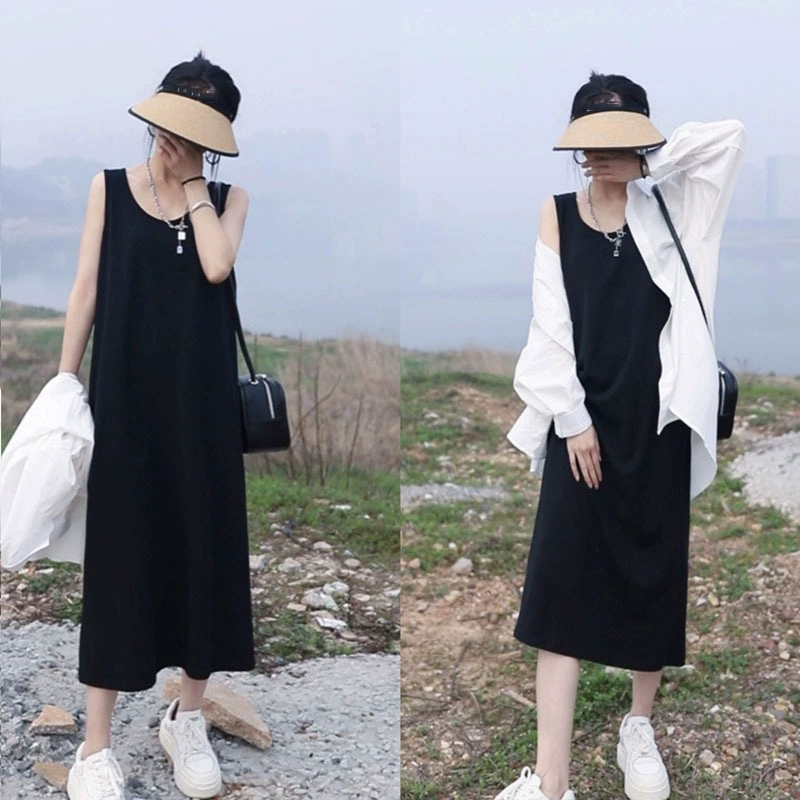Женское летнее платье-жилет без рукавов в стиле французской Хепберн, новинка 2025 года, элегантное черное, стройнящее, с длинной юбкой