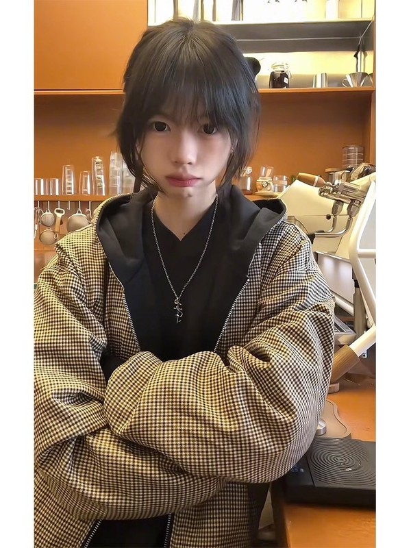 美式复古双面穿千鸟格拉链连帽卫衣男女cleanfit短款情侣夹克外套|undefined