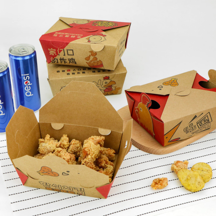一次性外卖炸鸡盒防水带盖隔热内淋膜牛皮纸炸鸡盒源头厂家可定制