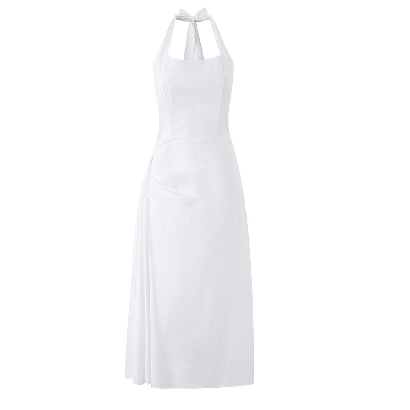 Summer Elegant Design Pleated Halter-Neck Cotton Mid-Length Dress, Stylish Slip Dress, Formal Dress for Women Summer Elegant Design Pleated Halter-Neck Cotton Mid-Length Dress, Stylish Slip Dress, Formal Dress for Women