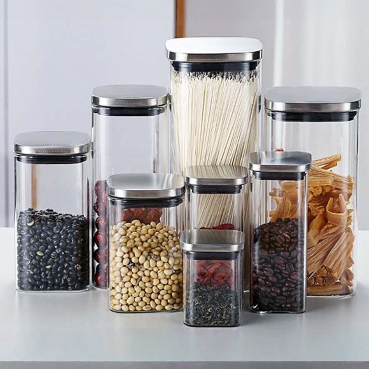 Stainless Steel Lid Square Storage Jar High Borosilicate Glass Grain Storage Jar Tea Coffee Bean Sealed Jar