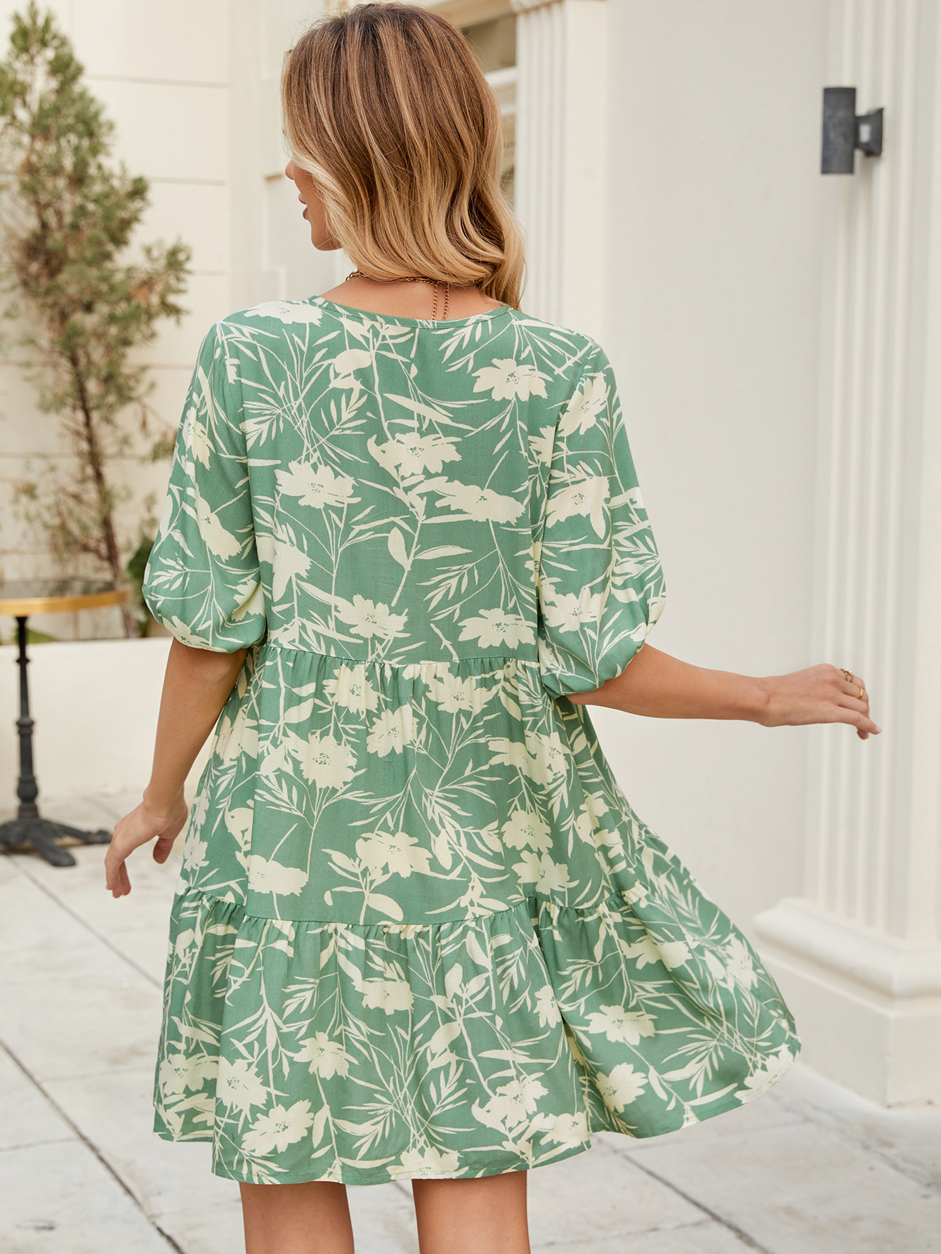 Real Shot Rayon Printed V neck Loose Big Hem Short Sleeve Holiday Dress