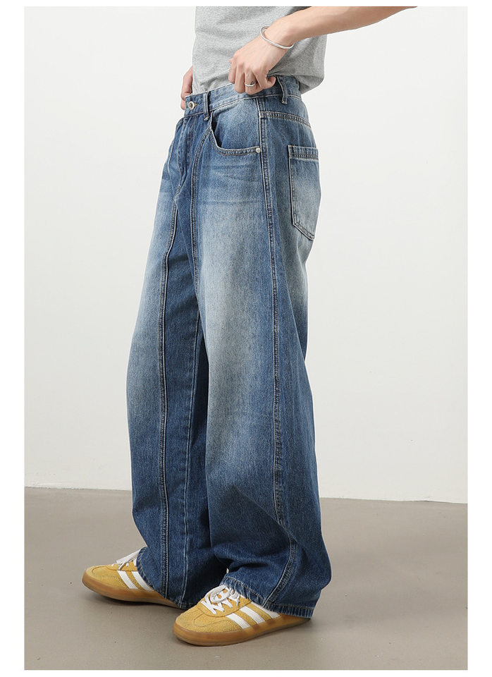 Quần jeans nam dáng thẳng rộng phối màu phong cách retro — màu xanh, màu xám đen chi tiết 10