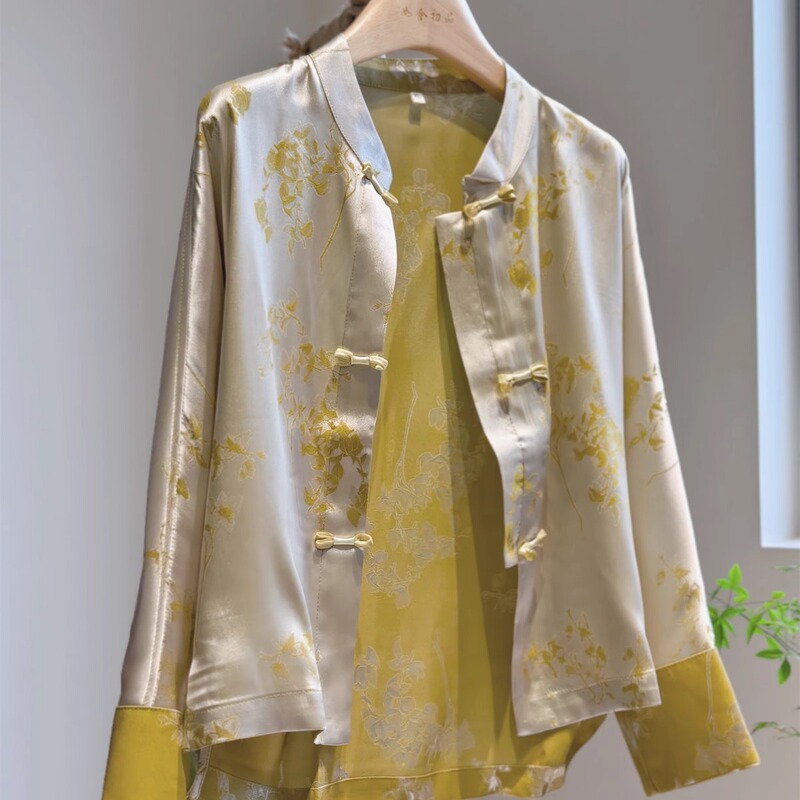 New Chinese Style High-End Cardigan Jacket for Women, Short Style, Young Tang Suit, Imitation Mulberry Silk, Song Brocade, Loose Shoulders