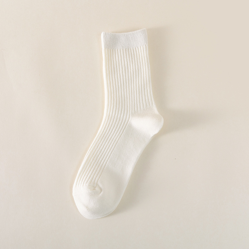 Otoño e invierno calcetines de aguja doble a rayas verticales algodón Mediados de la pantorrilla de color sólido de algodón peinado cordón cálido transpirable calcetines de algodón absorbentes de sudor