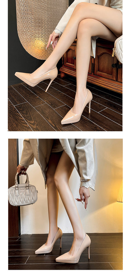 Giày cao gót nữ mũi nhọn gót thanh mảnh da bóng, đế chống thấm, kiểu giày công sở thanh lịch — Màu hồng nude, Màu mơ, Màu đen, Màu đỏ rượu chi tiết 6
