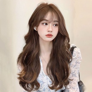 Live with goods wig women's long curly hair air bangs fashion big wave fluffy simulation human hair full head cover wholesale