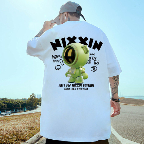 Summer INS Trend 5-Button Sleeve Men's Korean Style Short-Sleeve T-Shirt Casual Cartoon Loose BF Style Short T-Shirt