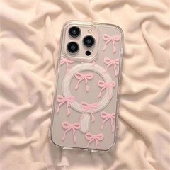 青とピンクの蝶結びが付いた、Apple 17 Pro Max、16、14、13 Pro、12、11対応の新しい透明で流行の磁気吸着式スマホケース