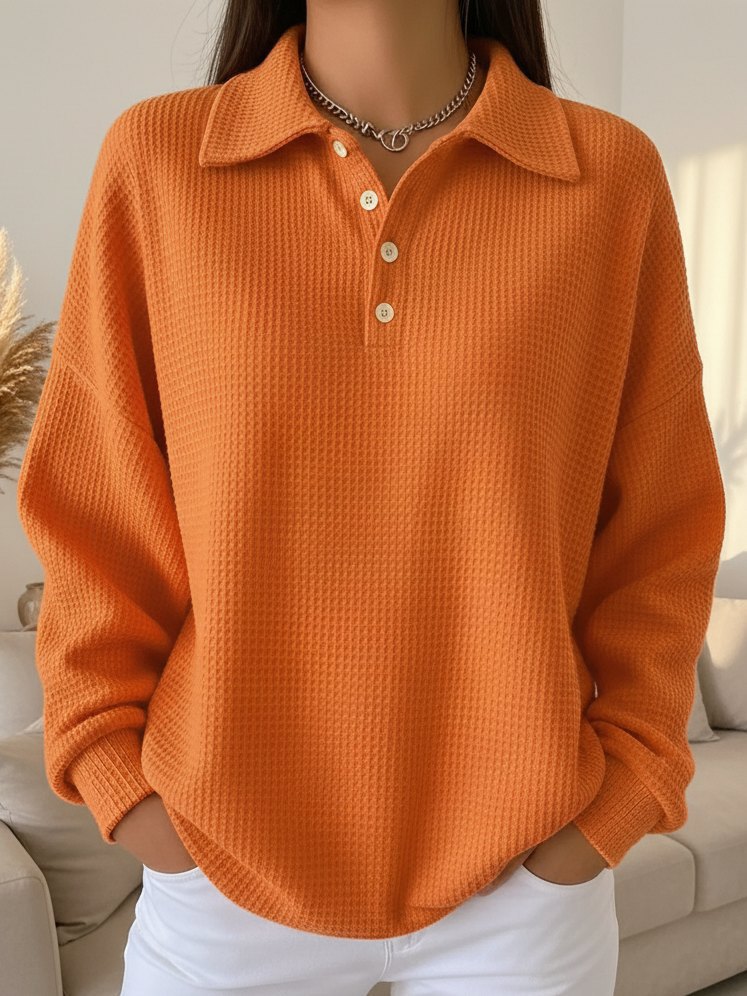 European and American cross-border 2026 autumn and winter new loose-fitting solid color turn-down collar versatile polo shirt waffle long-sleeve women's top