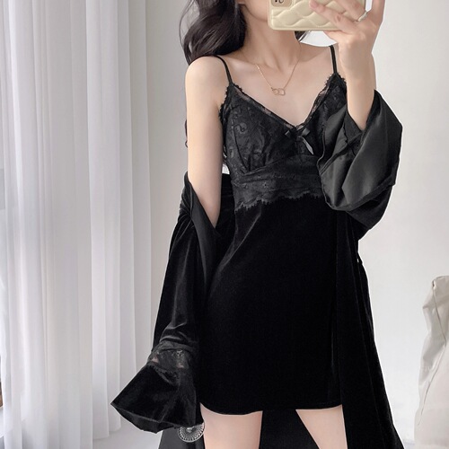  Sexy Women's Spring Silk Velvet Pajama Set with Bralette Tank Top Sleep Dress Robe